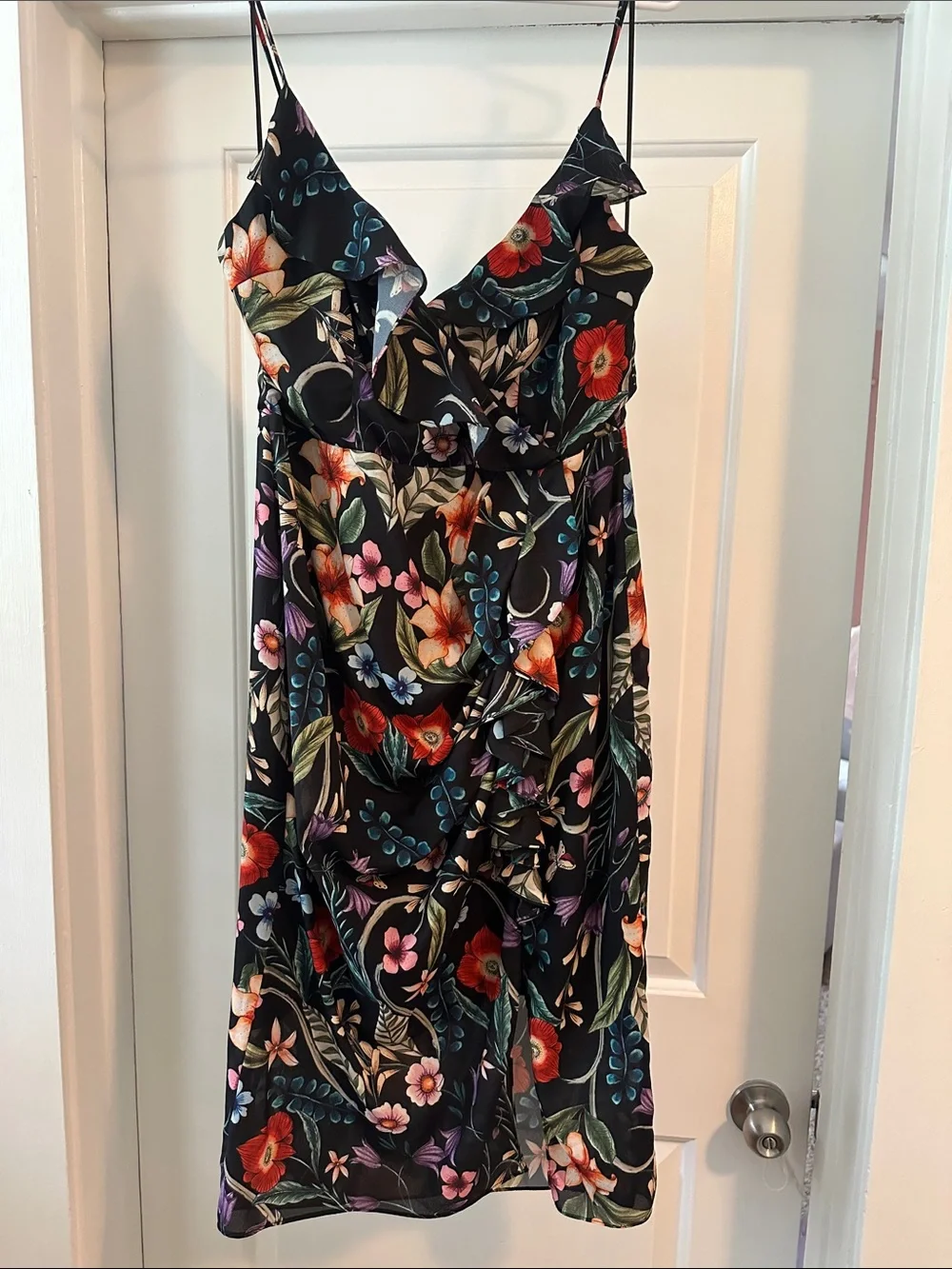 Black Floral Ruffle Midi Dress with Spaghetti Straps